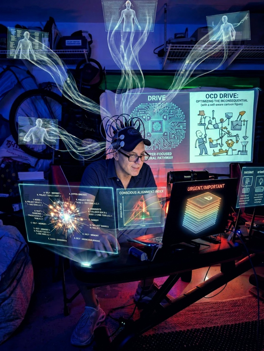 Henry Christensen at a workbench wearing an EEG cap, surrounded by holographic diagrams: a task tree, a Conscious Alignment Index, an Urgent/Important stack, and a poster reading OCD Drive — Optimizing the Inconsequential.