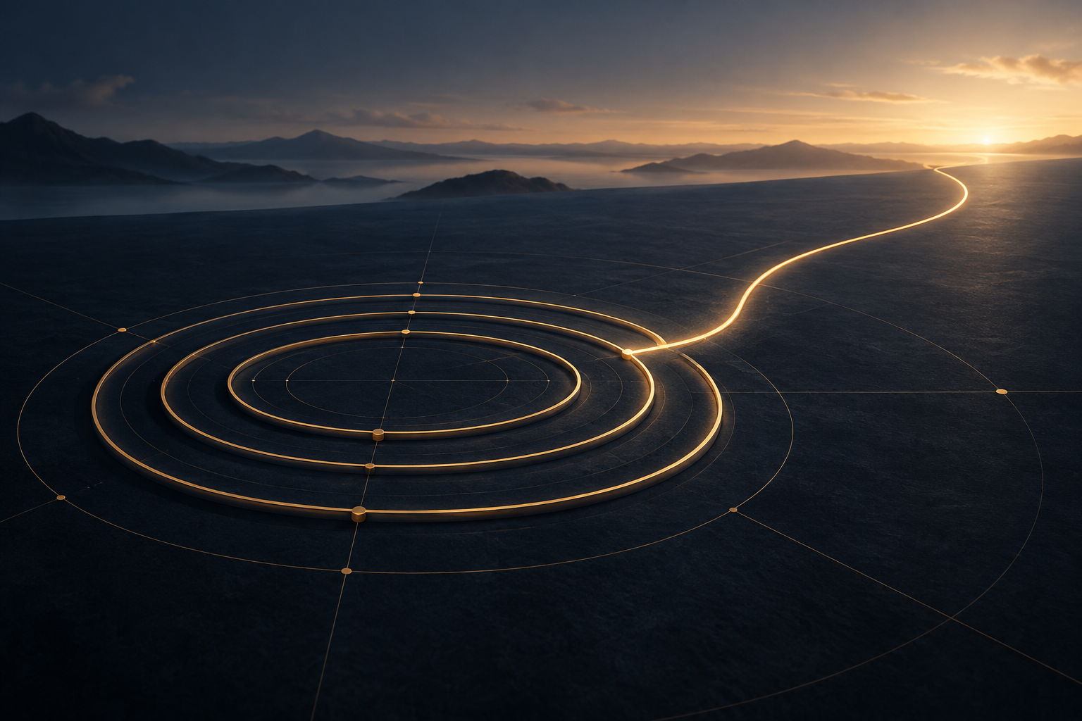 A golden path breaks away from repeating loops toward a sunlit horizon, symbolizing a deliberate change of direction.